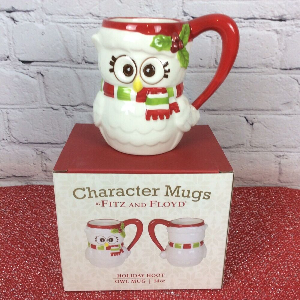 Fitz And Floyd Character Mugs Holiday Hoot Owl Coffee Cocoa Mug 14 oz New In Box